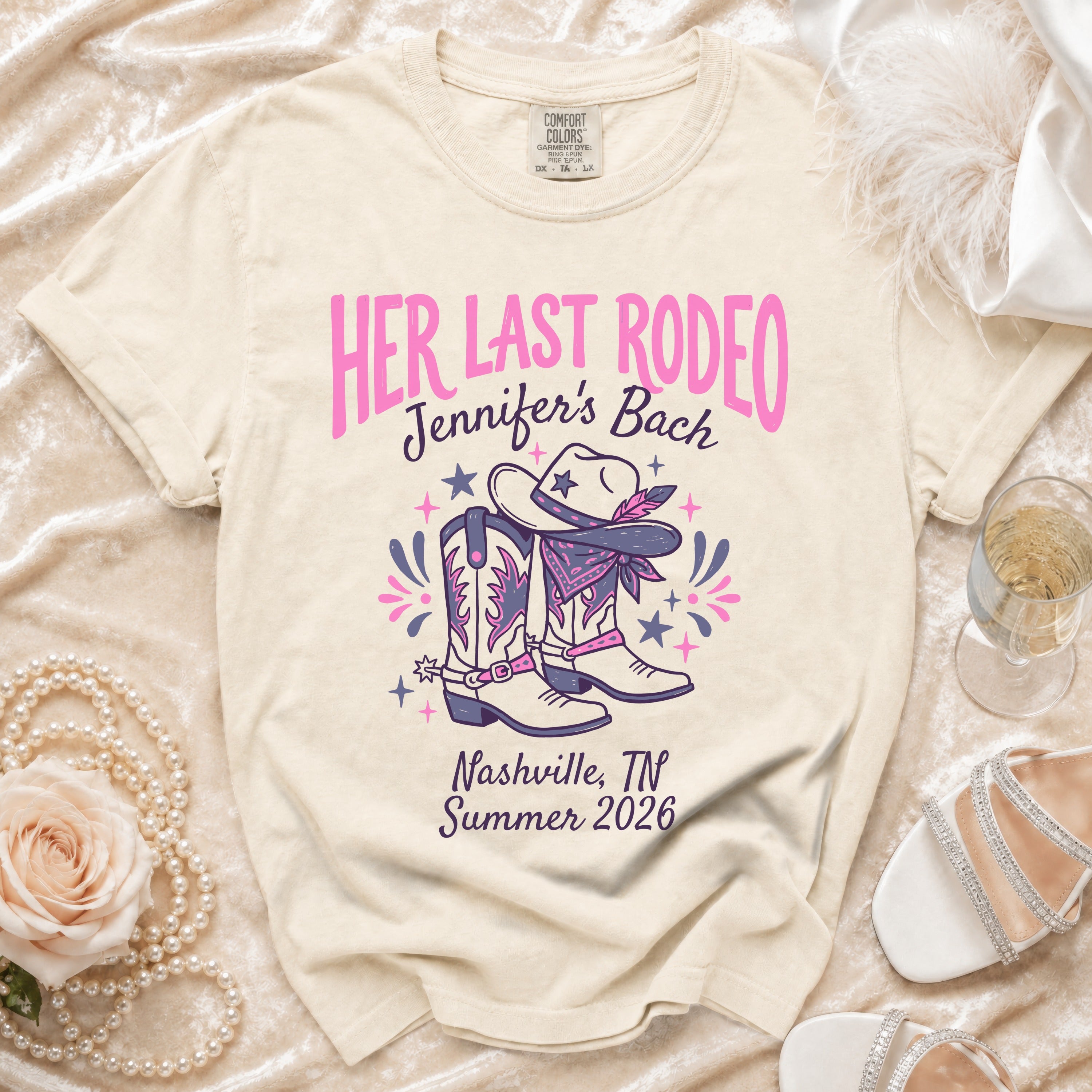 "Her Last Rodeo" t-shirt with cowboy boots, hat, and Nashville text.