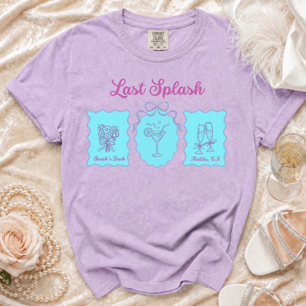 Lavender t-shirt with "Last Splash" design and "Sarah's Bach Malibu, CA" text.