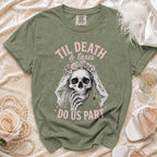 Green t-shirt with skull bride graphic and text "Til Death & Taxes Do Us Part".