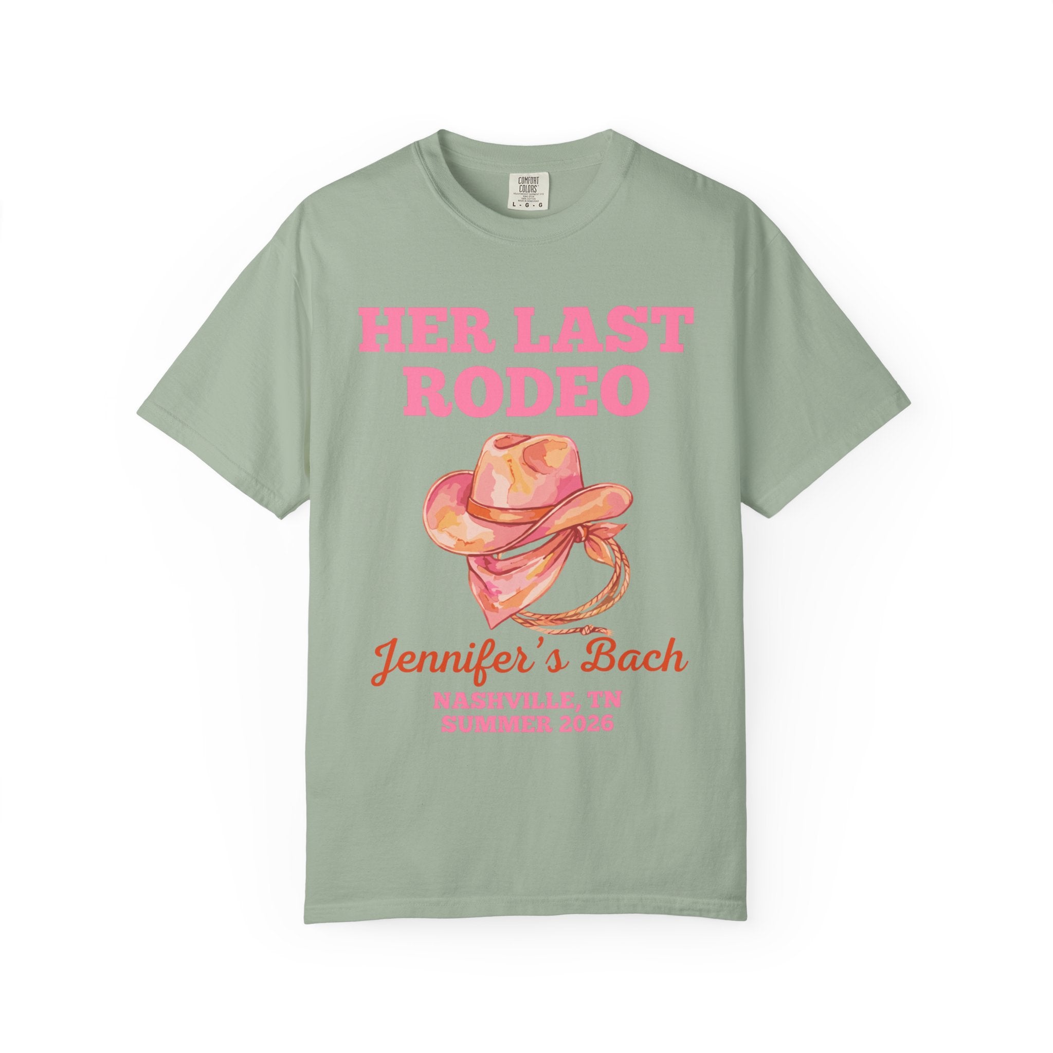 Her Last Rodeo bachelorette t-shirt with cowboy hat and rope, Nashville, TN Summer 2020.
