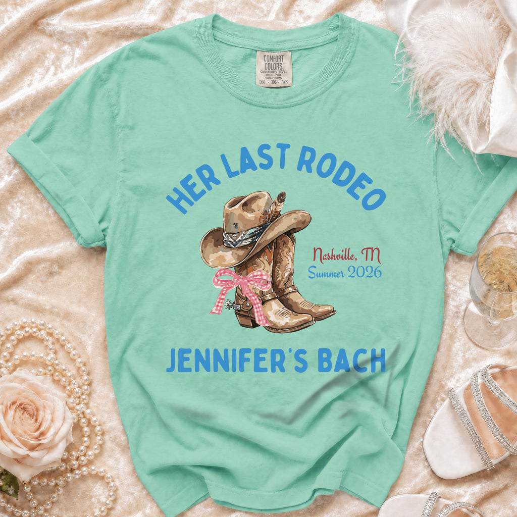 Mint t-shirt with "Her Last Rodeo" design for Jennifer's Bach.