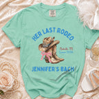 Mint t-shirt with "Her Last Rodeo" design for Jennifer's Bach.