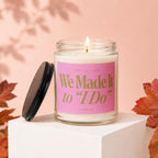 Jar candle with "We Made It to I Do" inscribed on pink label by Vowed.
