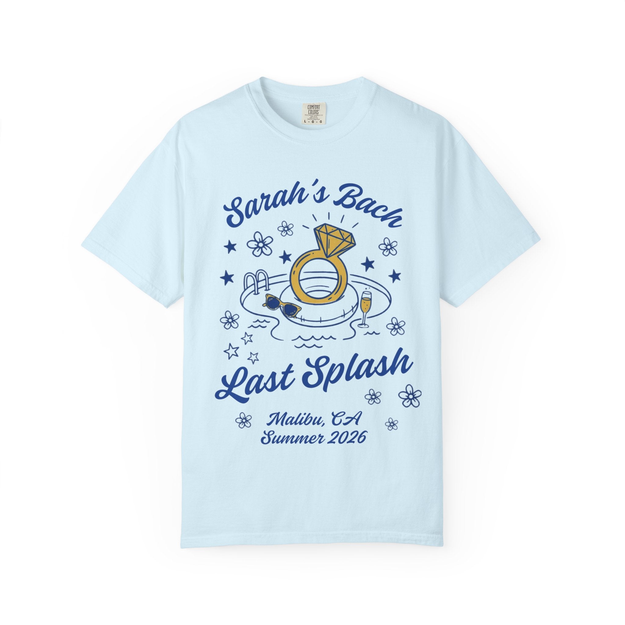 Sarah's Bach Last Splash t-shirt with ring, pool, and stars.
