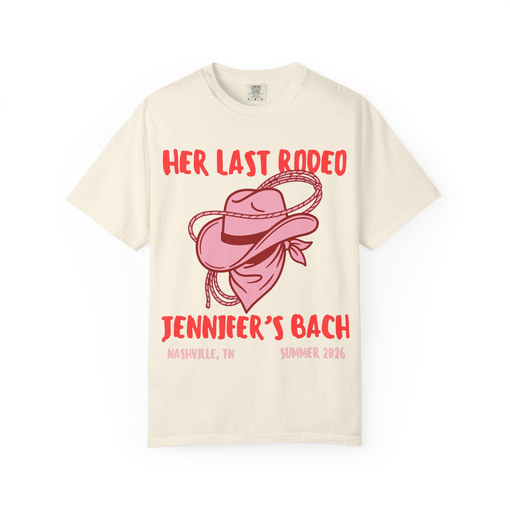 Cream t-shirt with "Her Last Rodeo" and cowgirl hat graphics for Jennifer's Bach.