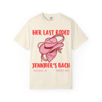 Cream t-shirt with "Her Last Rodeo" and cowgirl hat graphics for Jennifer's Bach.