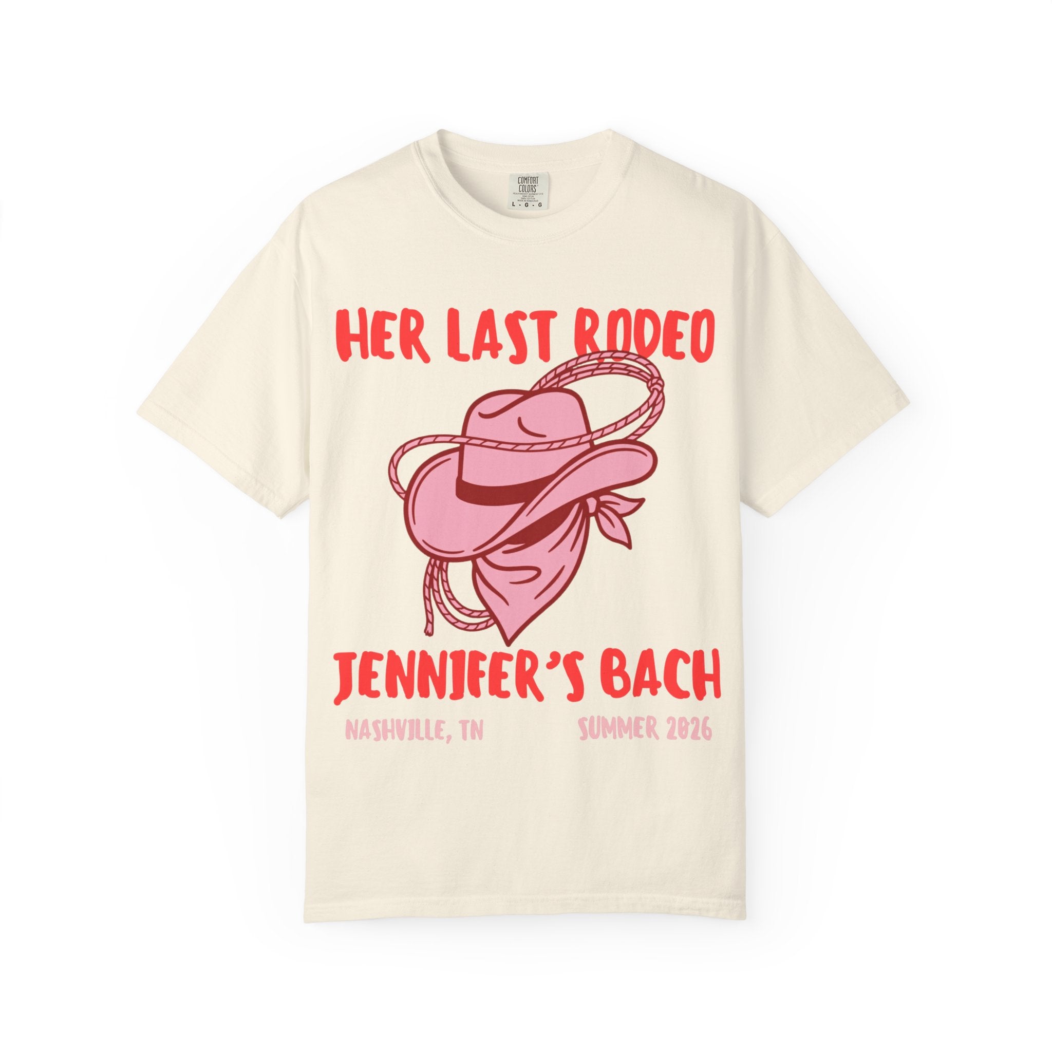 Cream t-shirt with "Her Last Rodeo" and cowgirl hat graphics for Jennifer's Bach.