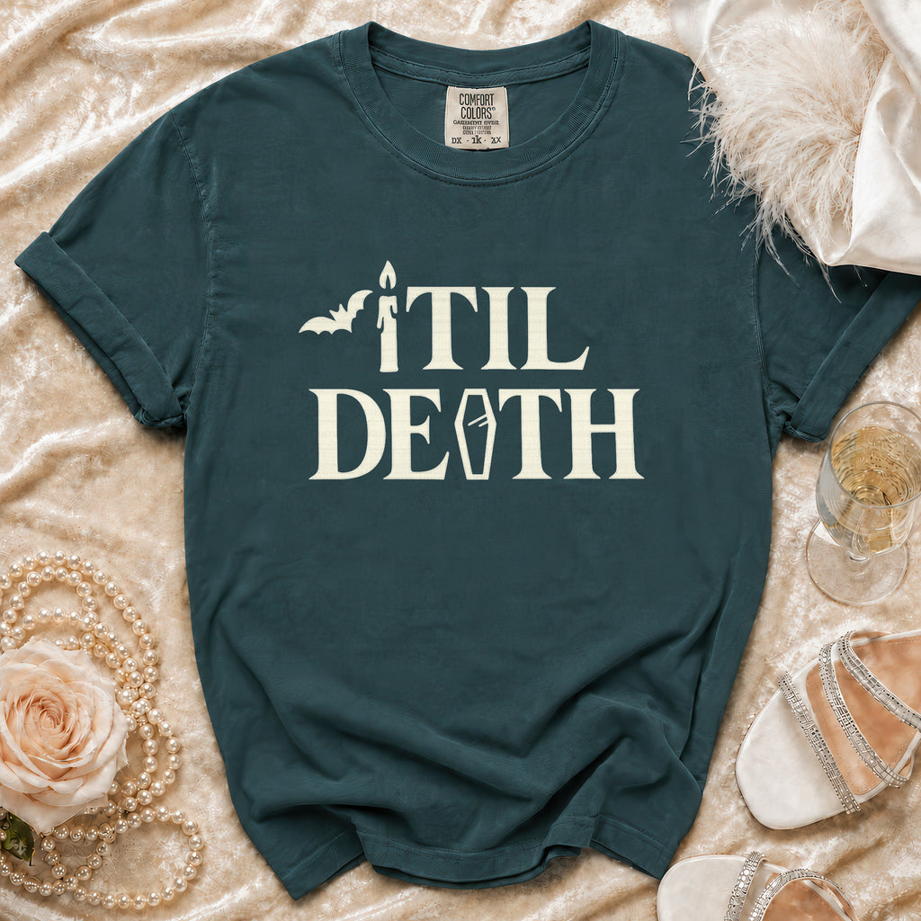 Teal t-shirt with "Til Death" text, bat, candle, and coffin graphic.