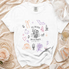 White t-shirt with "Til Death Do Us Party" text and wedding-themed skeleton graphic.