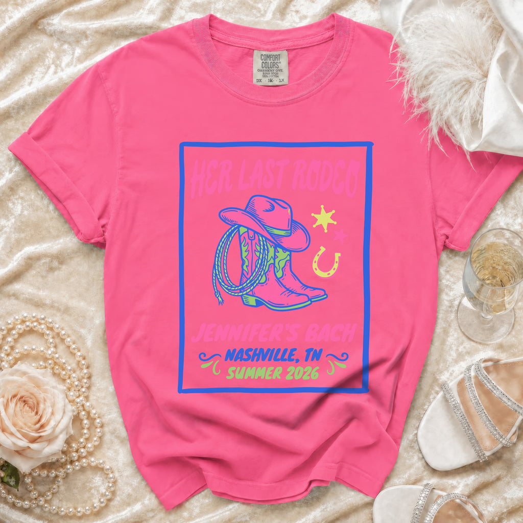 Pink t-shirt with "Her Last Rodeo" and "Jennifer's Bach Nashville, TN Summer 2026" graphics.