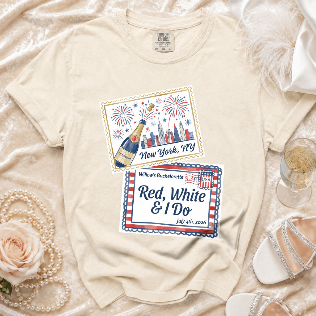 Cream t-shirt with "New York" and "Red, White & I Do" bachelorette design.