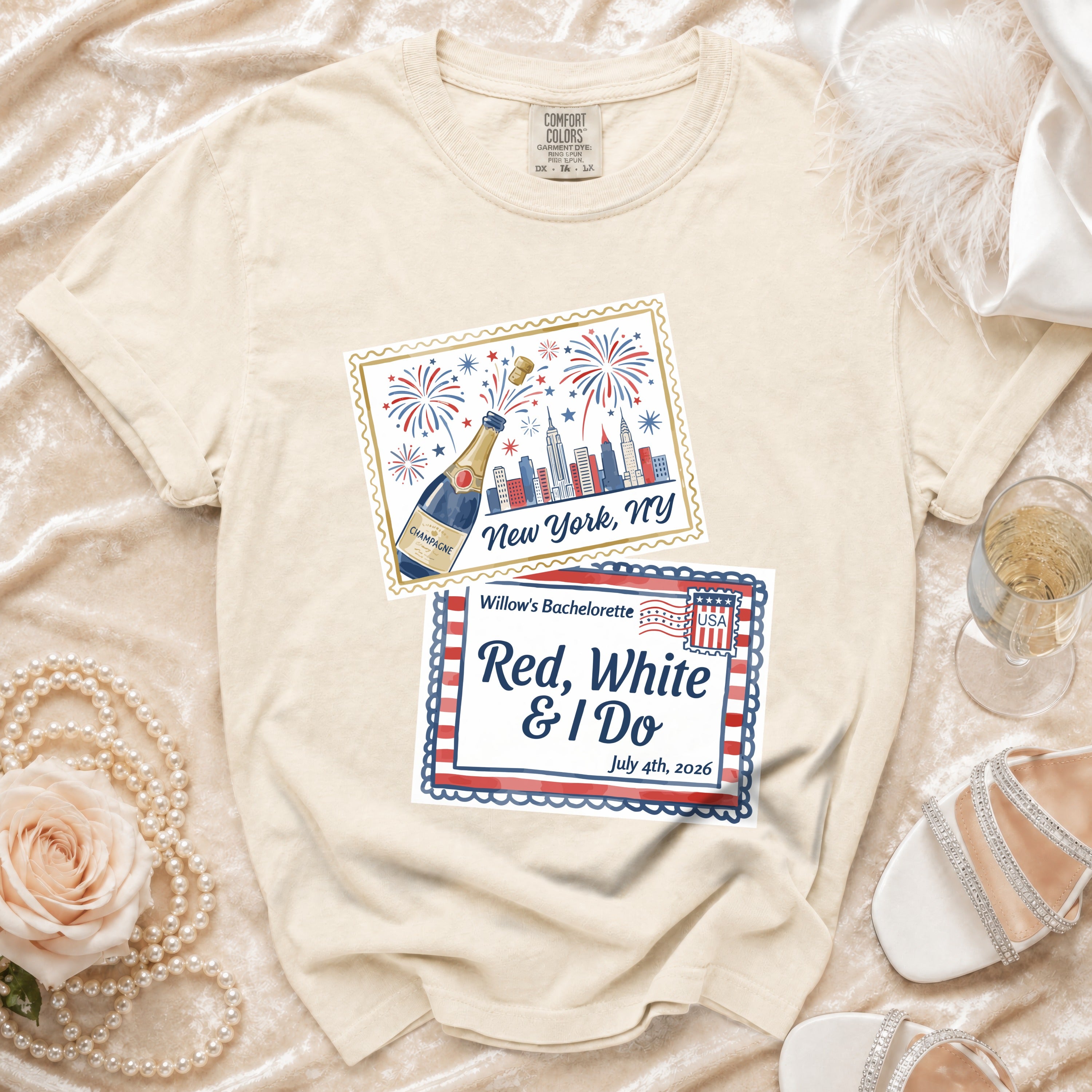 Cream t-shirt with "New York" and "Red, White & I Do" bachelorette design.