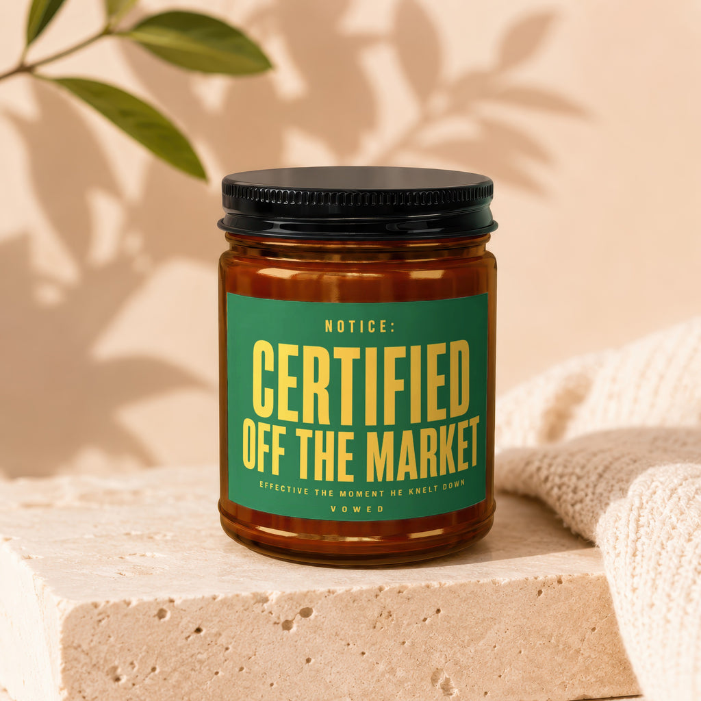 Amber jar with black lid, green label reads: Certified Off the Market.