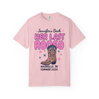 Pink t-shirt with "Jennifer's Bach Her Last Rodeo Nashville TN Summer 2026" text and cowboy boot.