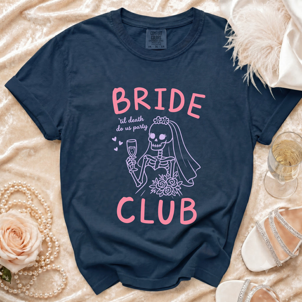 Navy t-shirt with Bride 'til death do us party skeleton graphic and CLUB text.