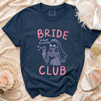 Navy t-shirt with Bride 'til death do us party skeleton graphic and CLUB text.
