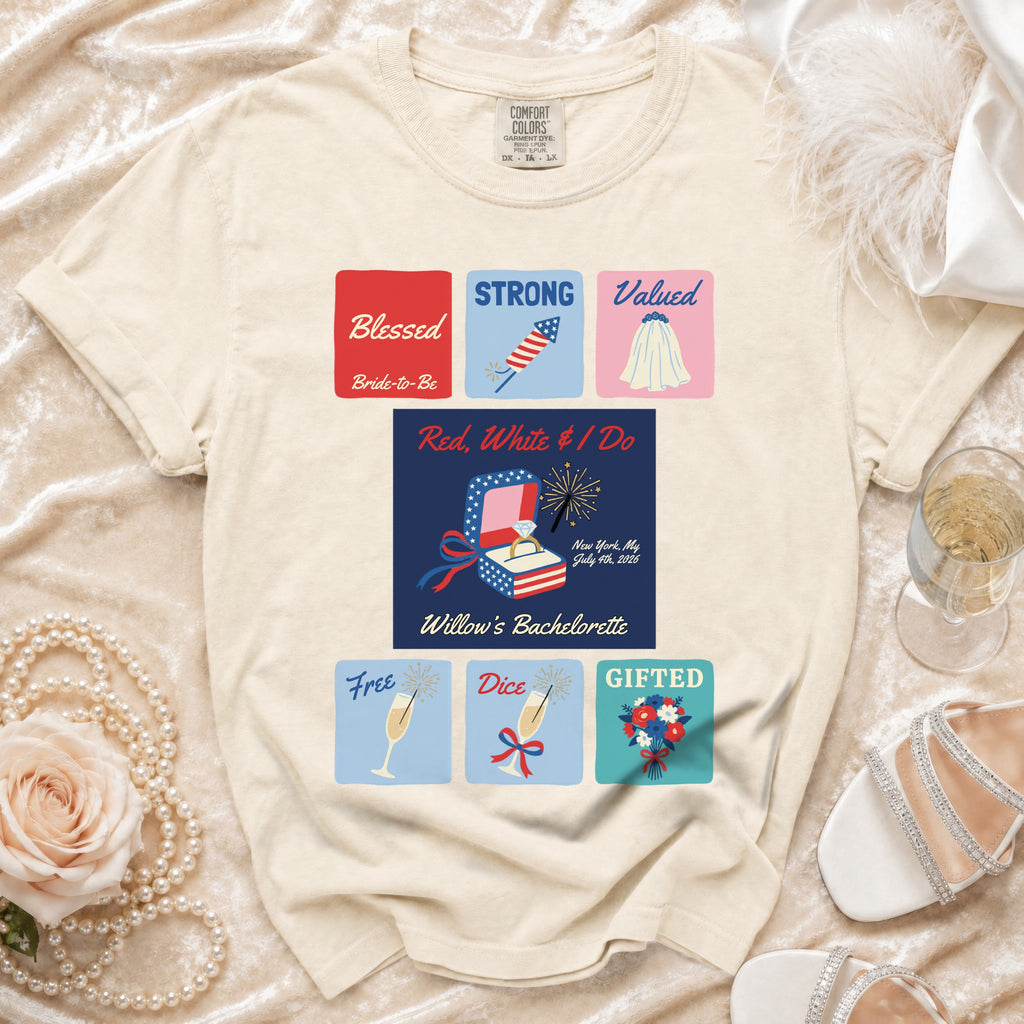 Cream t-shirt with "Blessed Bride-to-Be" and "Red, White & I Do" design.
