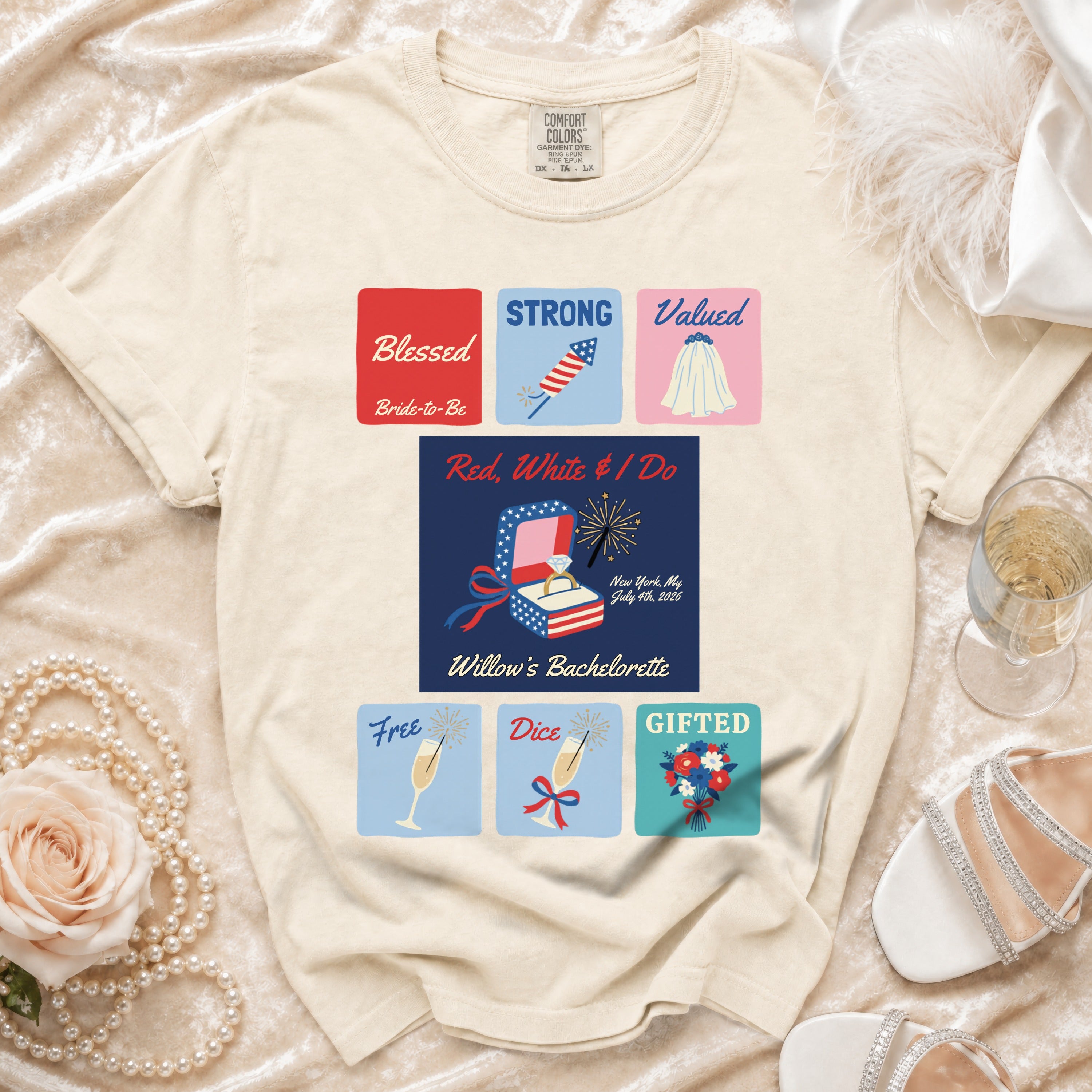 Cream t-shirt with "Blessed Bride-to-Be" and "Red, White & I Do" design.