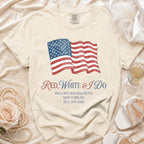 Cream t-shirt with American flag and "Red, White & I Do" text.