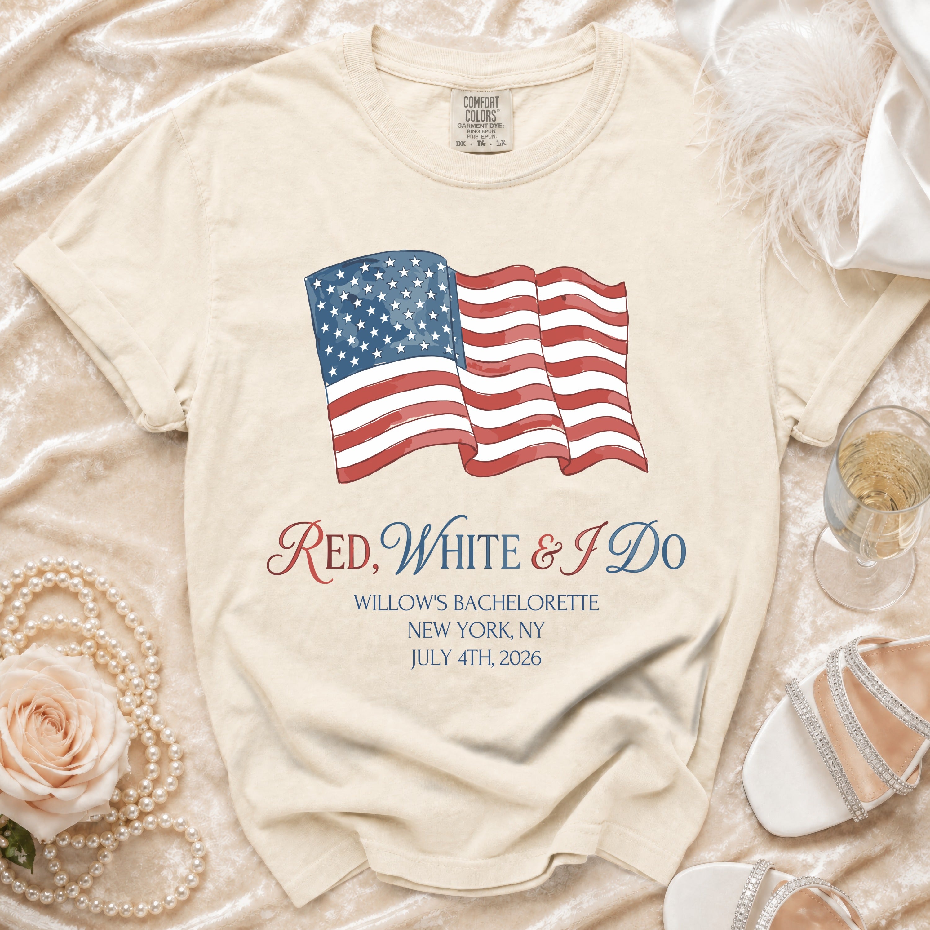 Cream t-shirt with American flag and "Red, White & I Do" text.