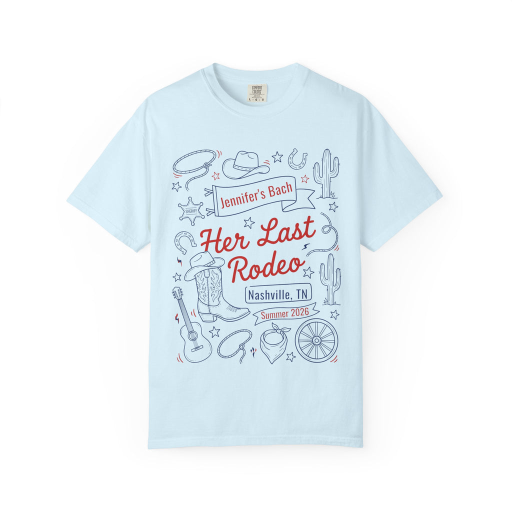 Light blue t-shirt with "Jennifer's Bach Her Last Rodeo Nashville, TN Summer 2026" text and western graphics.
