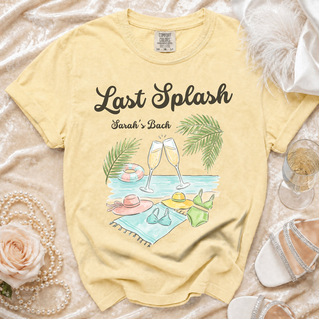 Yellow t-shirt with "Last Splash Sarah's Bach" and beach graphic.