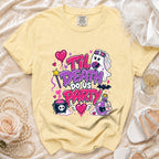 Yellow t-shirt with "Til Death Do Us Party" text and bridal ghost graphic.