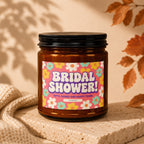 Brown jar candle with "Bridal Shower! Gifts, Games and Happy Tears" text and floral pattern.