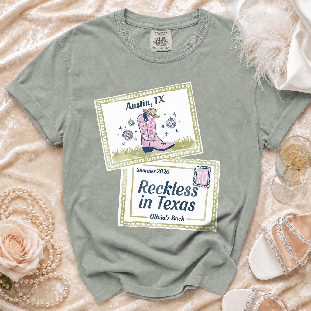 T-shirt with "Austin, TX Summer 2026 Reckless in Texas Olivia's Bach" text.