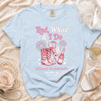 Light blue bachelorette t-shirt with "Red, White & I Do" and cowboy boots design.