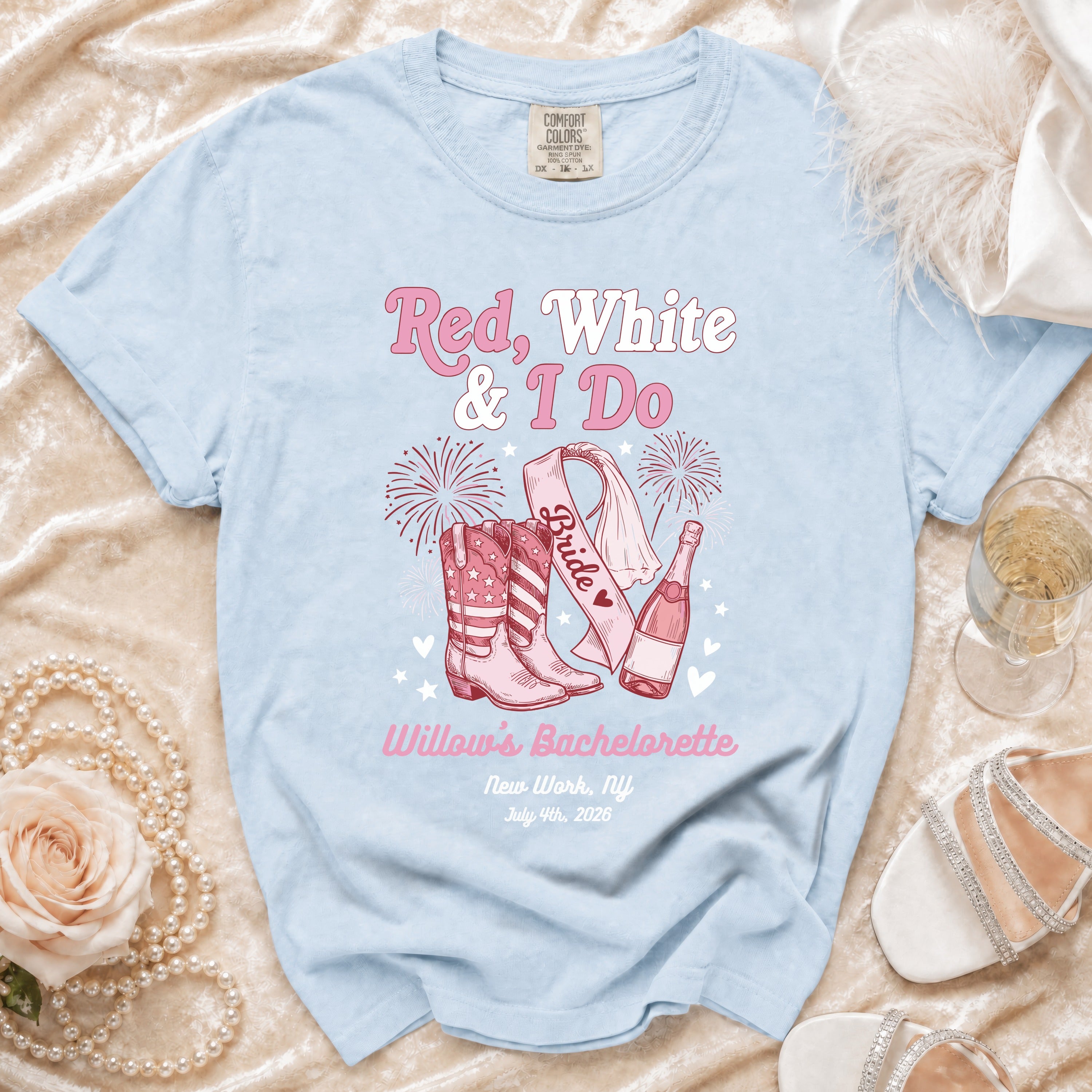Light blue bachelorette t-shirt with "Red, White & I Do" and cowboy boots design.