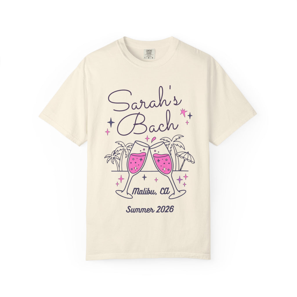 Sarah's Bach, Malibu, CA, Summer 2026, cheers glasses, palm trees.