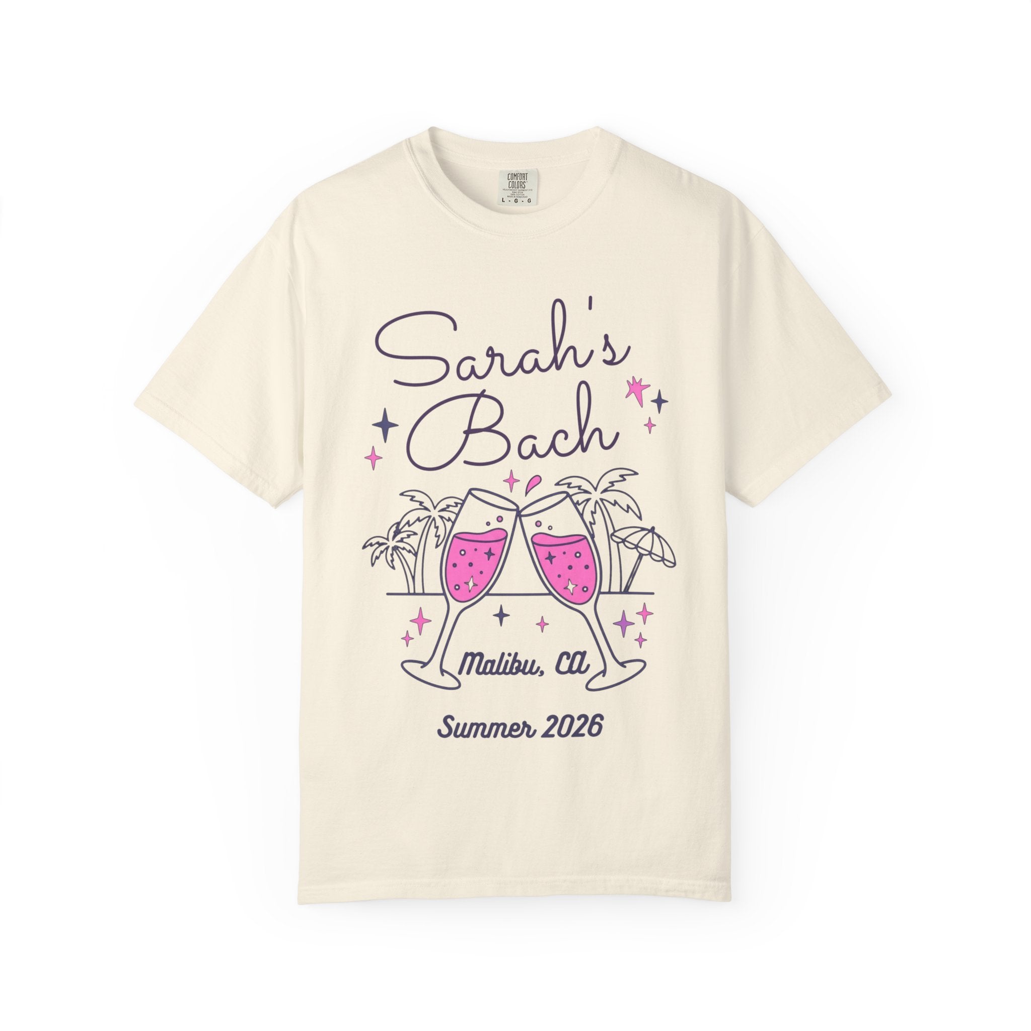 Sarah's Bach, Malibu, CA, Summer 2026, cheers glasses, palm trees.