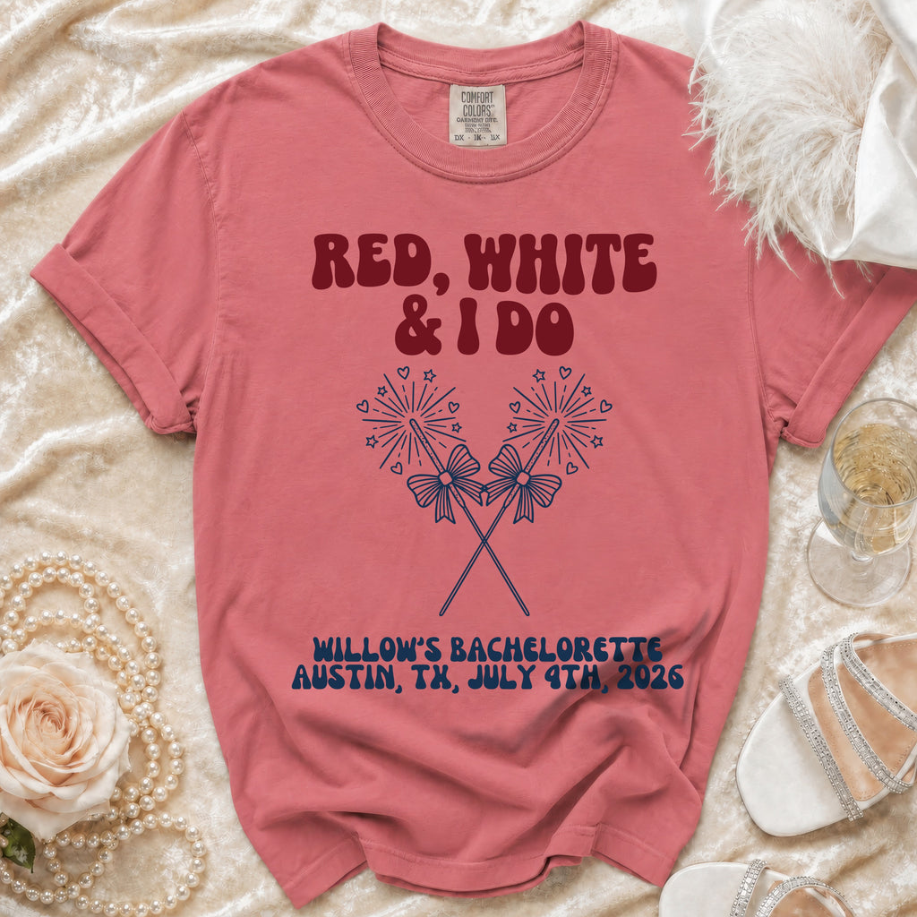 Red, White & I Do bachelorette t-shirt with fireworks and crossed bows.