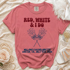 Red, White & I Do bachelorette t-shirt with fireworks and crossed bows.