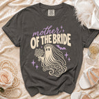 Grey t-shirt with "mother OF THE BRIDE" and ghost graphic reading "RAISING THE BOO SINCE DAY ONE".