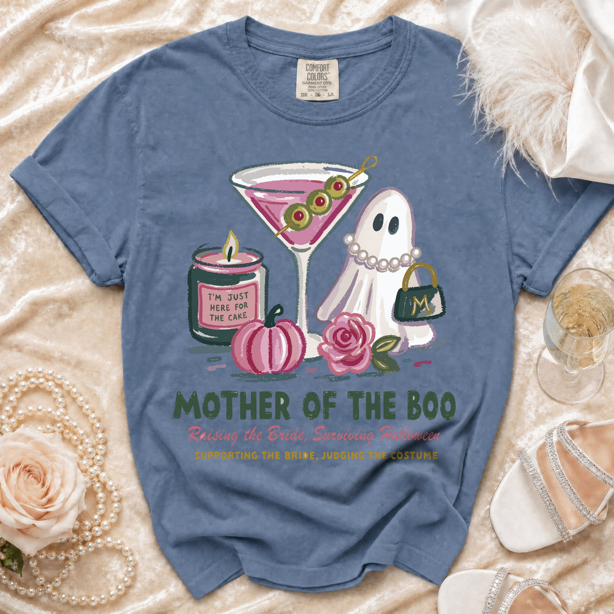 Blue t-shirt with "Mother of the Boo" graphic, featuring a ghost, martini, and pumpkin.