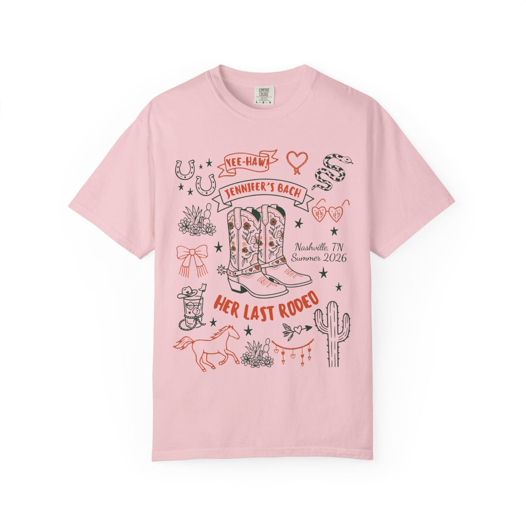 Pink t-shirt with "Jennifer's Bach" and "Her Last Rodeo" Nashville, TN designs.