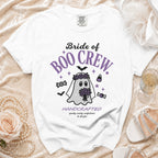 White t-shirt with "Bride of Boo Crew" and ghost graphic, with "Handcrafted" text.