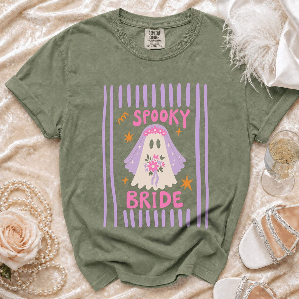 Olive green t-shirt with "Spooky Bride" graphic featuring a ghost bride.