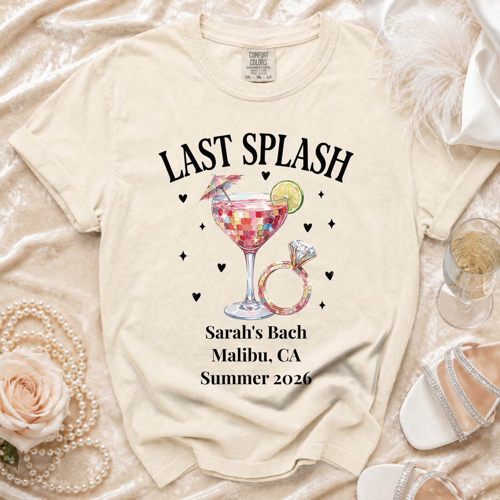 Cream t-shirt with "Last Splash" and ring for Sarah's Bach in Malibu, Summer 2026.