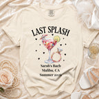 Cream t-shirt with "Last Splash" and ring for Sarah's Bach in Malibu, Summer 2026.