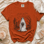 Orange t-shirt with "Bride of Boo" text and a ghost bride illustration.