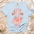 Light blue t-shirt with "Sarah's Bach LAST SPLASH Malibu, CA Summer 2026" and flamingo graphic.