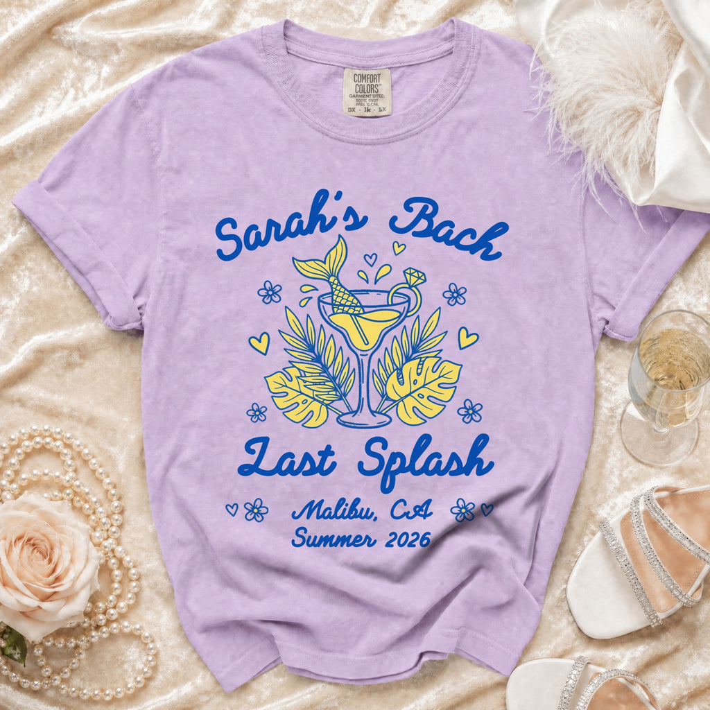 Purple t-shirt with "Sarah's Bach Last Splash Malibu, CA Summer 2026" graphic.