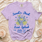 Purple t-shirt with "Sarah's Bach Last Splash Malibu, CA Summer 2026" graphic.