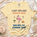 Yellow t-shirt with "Last Splash Sarah's Bach Malibu, CA Summer 2026" graphic.