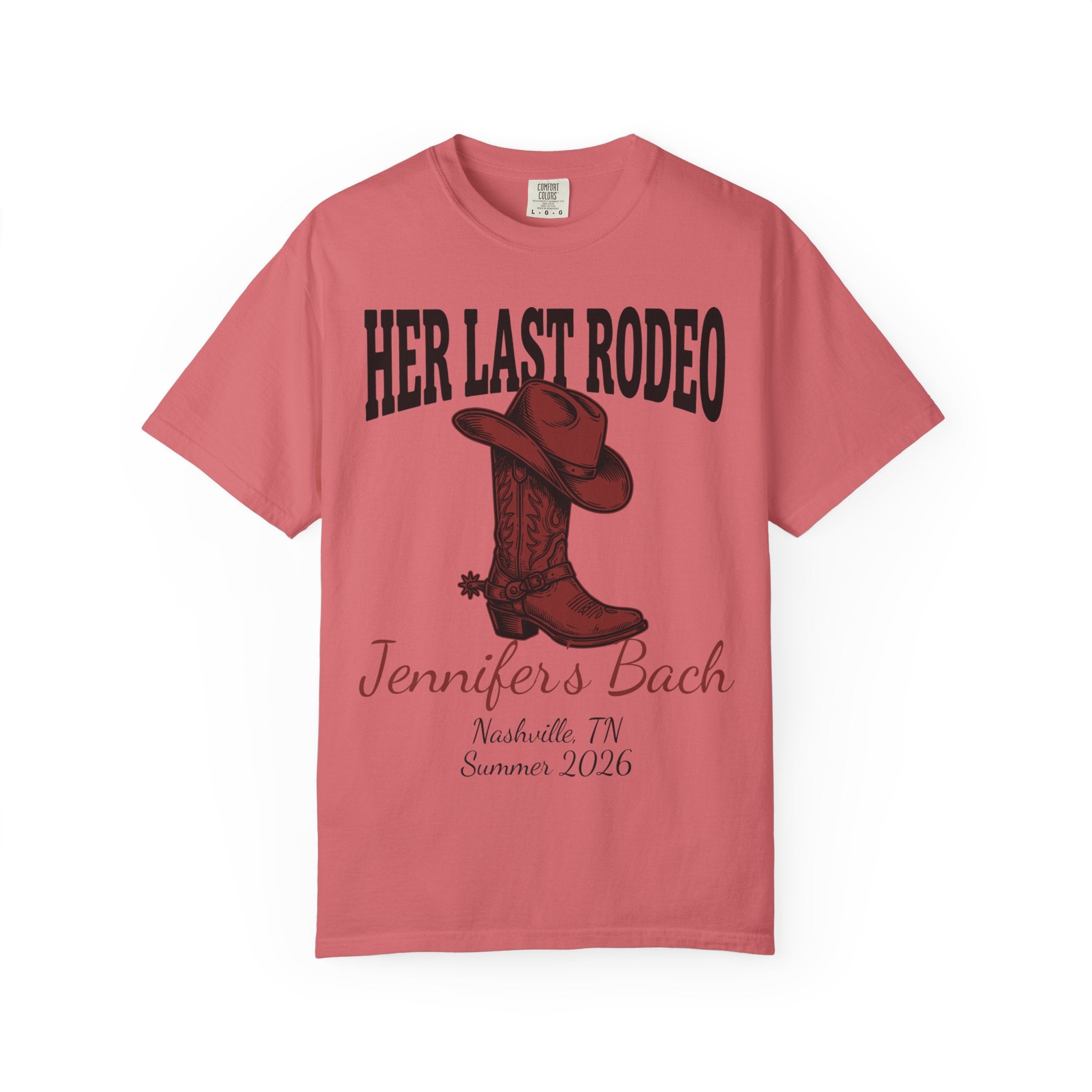 T-shirt with "Her Last Rodeo" and cowboy boot design for Jennifer's Bach.
