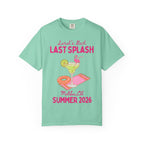 Mint green t-shirt with "Sarah's Bach LAST SPLASH Malibu, CA SUMMER 2026" and cocktail.