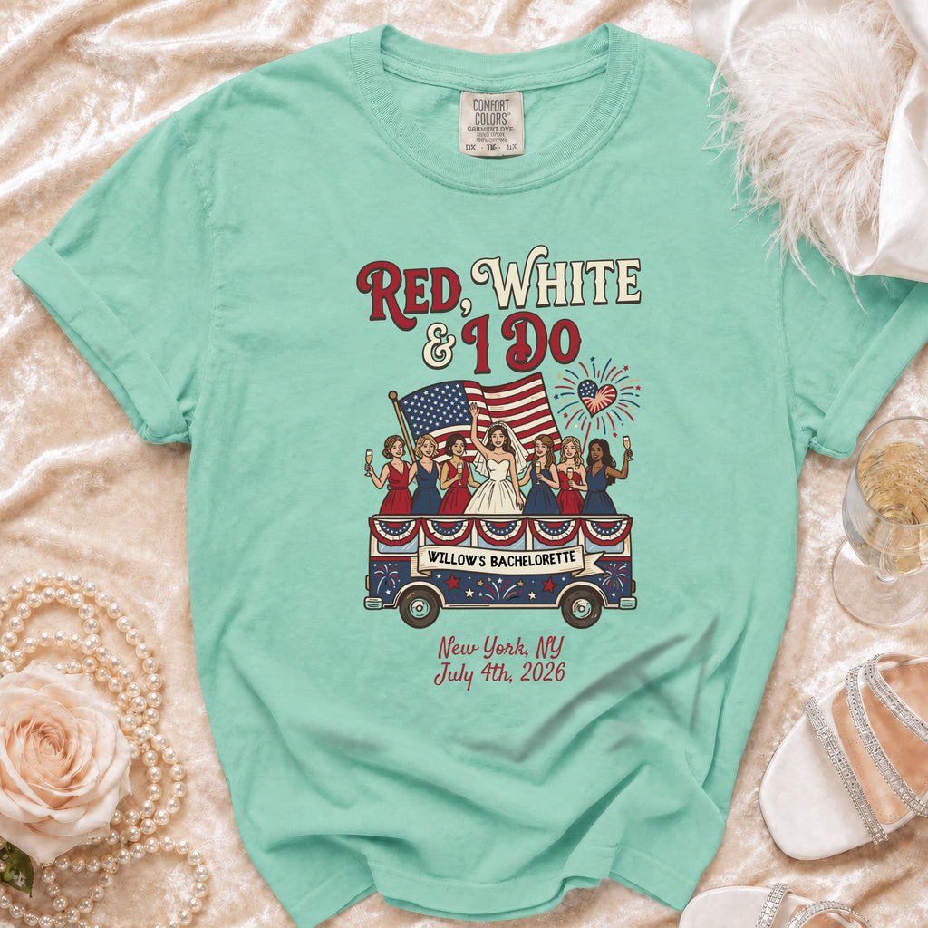 Red, White, and Blue bachelorette t-shirt with patriotic bus design.